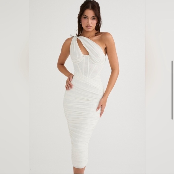 House of CB Valentina Ivory Asymmetric Cutout Midi Dress - Picture 4 of 9